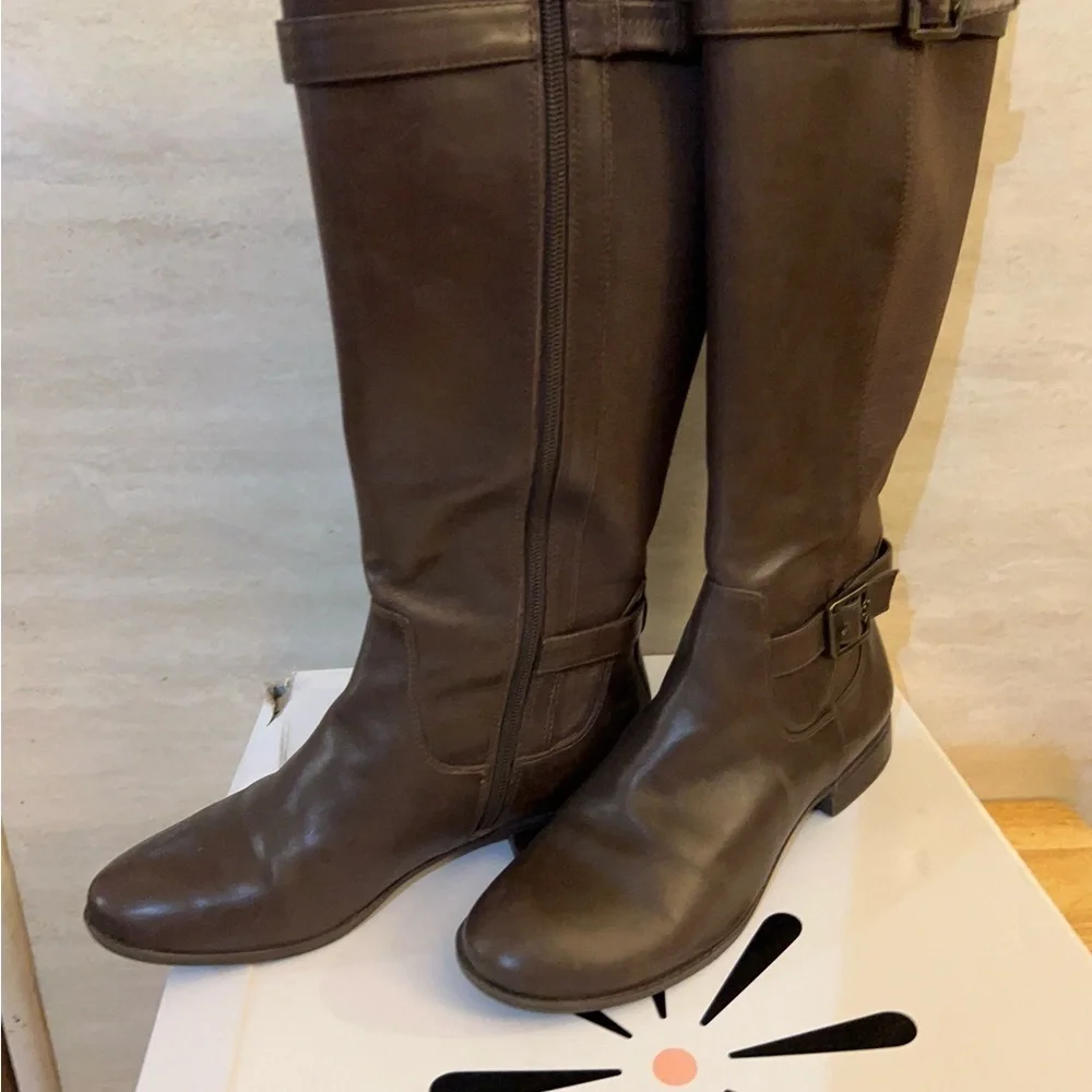 Isaac Mizrahi Live brown leather knee-high riding boots.